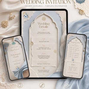 May include: A 3-page digital wedding invitation set displayed on a tablet and two smartphones. The design features an arched frame, cream-colored paper textures, and soft blue accents with text including Wedding Details, Program & RSVP.