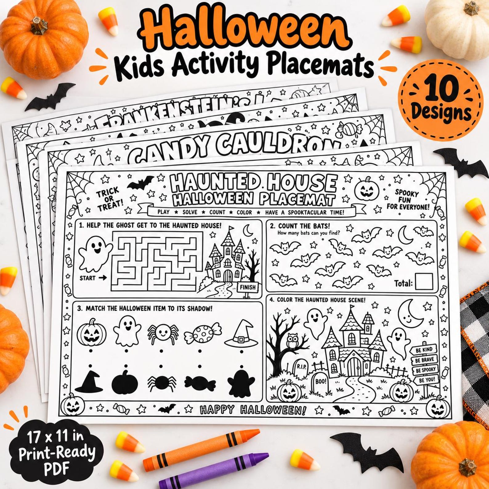 Halloween placemat preview emphasizing a candy-cauldron activity page.