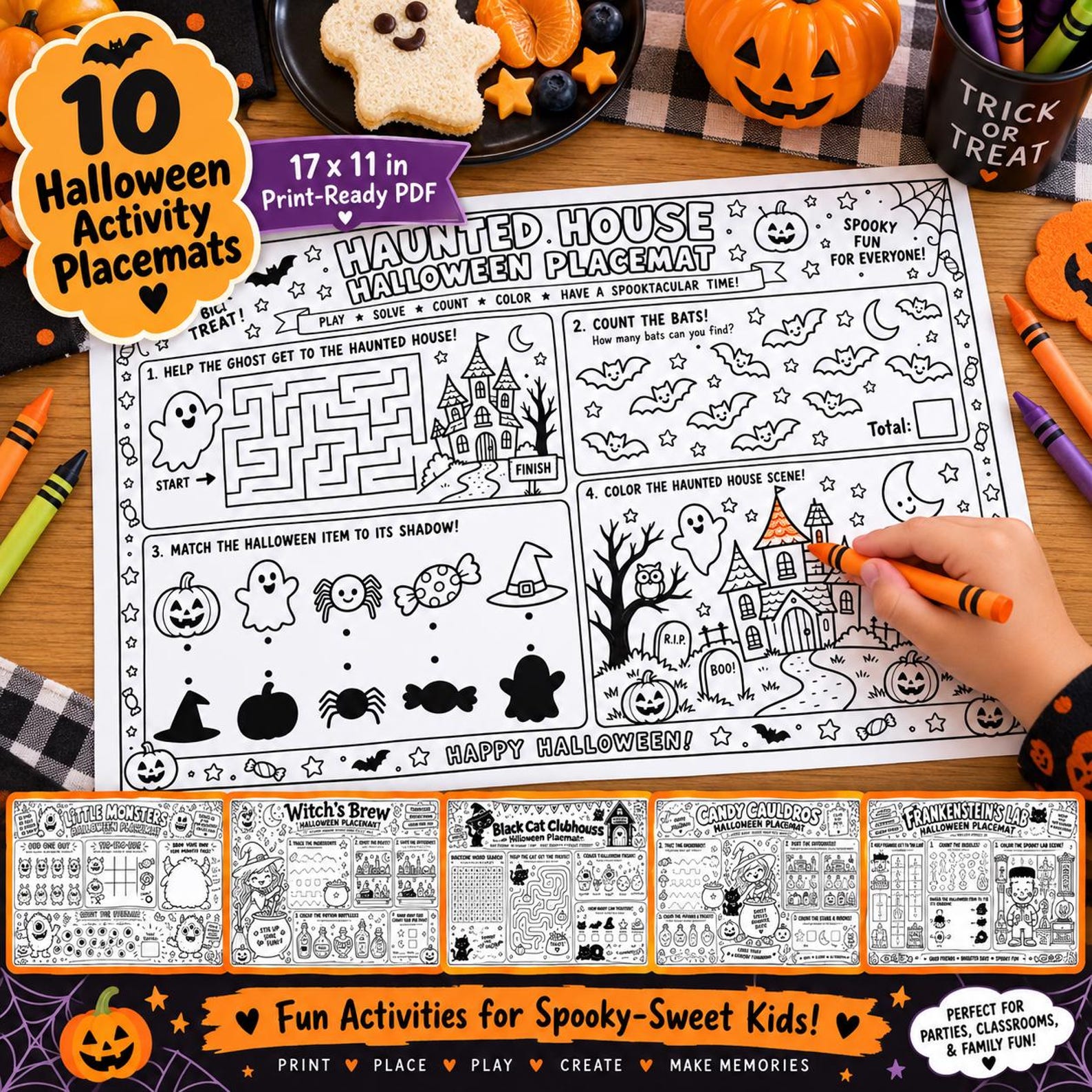 Placemat bundle preview emphasizing a spooky-house page with coloring and puzzles.