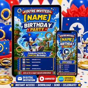May include: A digital birthday party invitation template featuring Sonic the Hedgehog in a game-inspired landscape. The design includes text fields for name, age, date, time, venue, and RSVP. The layout is displayed on a tablet and a smartphone screen.
