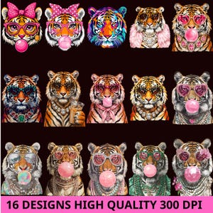 Puede incluir: Una colección de 16 ilustraciones digitales que muestran tigres con varios accesorios, incluyendo chicle rosa, gafas en forma de corazón, collares de perlas y bufandas coloridas. El texto 16 DESIGNS HIGH QUALITY 300 DPI está en la parte inferior.