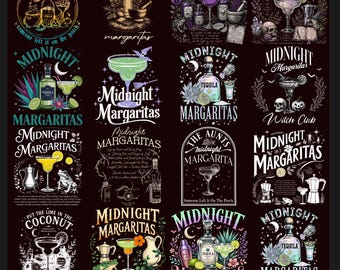 Puede incluir: Una colección de dieciséis diseños gráficos distintos con el texto Midnight Margaritas, ilustrados con botellas de tequila, copas de cóctel, limas, calaveras, ranas y elementos botánicos sobre un fondo de color negro.