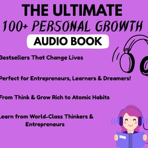 Pode incluir: Um gráfico roxo que promove um audiolivro com o texto "THE ULTIMATE 100+ PERSONAL GROWTH AUDIO BOOK." A imagem inclui um desenho animado de uma pessoa usando fones de ouvido e lendo um livro, junto com um par de fones de ouvido.