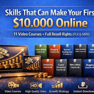 May include: A promotional image with the text "Skills That Can Make Your First $10,000 Online." It features a laptop and tablet displaying money and a rising graph, along with boxes labeled with course topics like "Article Writing" and "Blogging."