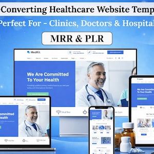 Może przedstawiać: Szablon strony internetowej opieki zdrowotnej wyświetlany na laptopie, tablecie i smartfonie. Witryna ma niebiesko-biały design z tekstem "We Are Committed To Your Health". Obraz zawiera również materiały medyczne i tekst "High-Converting Healthcare Website Template."