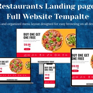 May include: A restaurant website template with a pizza menu displayed on a laptop, tablet, and smartphone. The design features the text "BUY ONE GET ONE FREE" and "£10.99". The layout is designed for easy browsing on all devices.