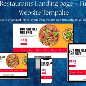 Puede incluir: Plantilla de sitio web para una página de destino de restaurante, que muestra un diseño de menú limpio y organizado. El diseño se muestra en una computadora portátil, tableta y teléfono inteligente, con pizza y una oferta de "Compra uno y llévate otro gratis".