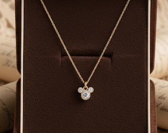 Tiny Mickey Mouse Necklace, Dainty Mouse Face Pendant, Round Moissanite Diamond Cartoon Character Necklace, Minimalist Three Stone Necklace