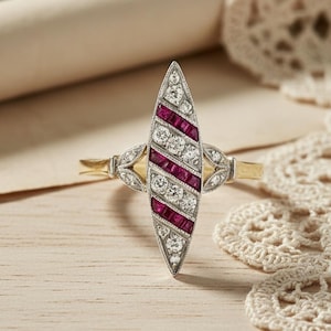 Art Navette Shape Dinner Ring, Leaf Motif Art Deco Engagement Ring, Ruby CZ Stone Cocktail Party Ring, Vintage Style Two Tone Wedding Ring