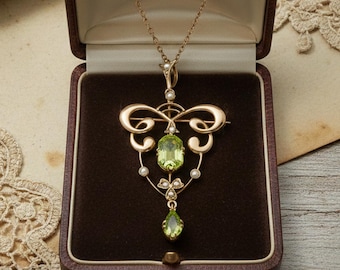 Art Nouveau Peridot And Seed Pearl Pendant/Brooch, Antique Art Deco Wedding Necklace/Brooch, Vintage Style Two In One Jewelry, Gift For Her
