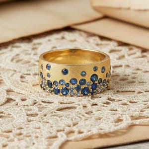 Flush Set Sapphire Round CZ Stone Band, Scattered Cigar Wedding Band, Wide Engagement Band Ring, Women's Party Wear Band, Half Eternity Band