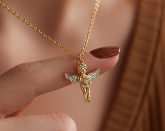 Collar con colgante de corazón de ángel bebé, collar de ángel bebé 3D, collar para la pérdida de un bebé, collar de querubín con diamantes de moissanita redondos, joyería conmemorativa