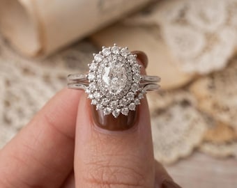 Double Halo Ring With Curved Band, Oval & Round Moissanite Diamond Bridal Ring Set, Stackable Wedding Engagement Ring Set, Proposal Ring Set