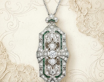 Circa 1920's Art Deco Filigree Pendant Necklace, Green Baguette & Round CZ Stone Victorian Necklace, Antique Art Deco Party Wear Necklace