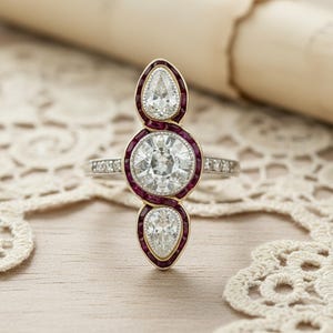 Art Deco Round & Pear Cut CZ Stone Engagement Ring, Vintage Style Three Stone Bezel Set Ring, Two Tone Antique Wedding Ring, Cocktail Ring