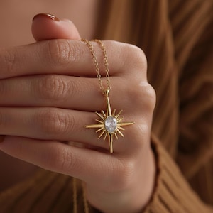Unique North Star Pendant Necklace, Minimalist Starburst Necklace, Solitaire Oval CZ Stone Celestial Necklace, Polaris Necklace For Her-Him