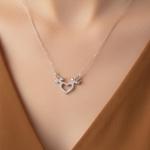 Angle Cupid Heart Pendant Necklace, Cherub Angel Charm Necklace, Lovable Heart Shape Necklace, Baptism Gift, Moissanite Diamond Promise Gift image 1