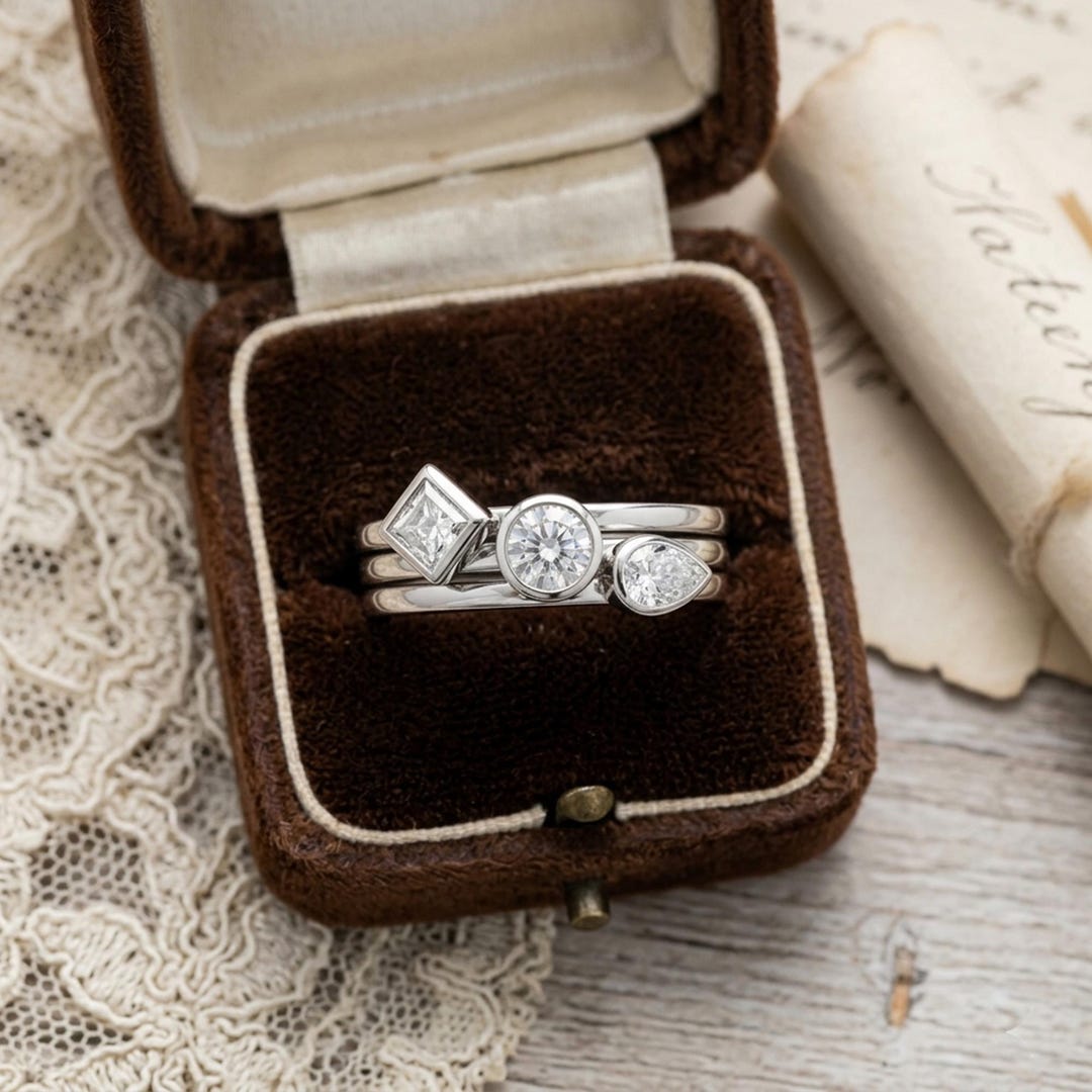 Bezel Set Three Stone Ring, Multi Row Engagement Ring, Minimalist 14K ...