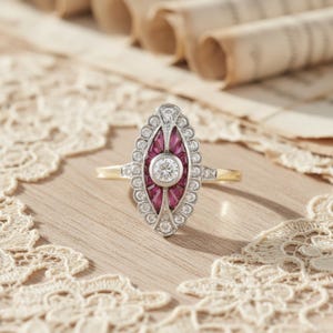 Anello vintage con rubino, anello da sera a forma di navette, anello bicolore con pietre rosa baguette e zirconi rotondi, anello di fidanzamento da donna, regalo per lei.