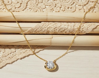 Half-Bezel Set Round Moissanite Diamond Necklace, Solitaire Pendant Necklace For Her, 14K Gold Delicate Necklace, Wedding Promise Necklace