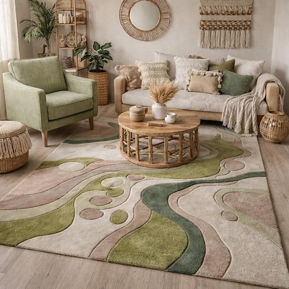 Hand Tufted Wool Area Rug, Abstract Green Beige Organic Design Carpet