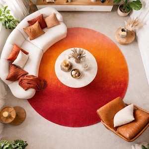 Rund Ombre-matta: Orangeröd toning, mjuk Boho-matta, Modern vardagsrumsinredning