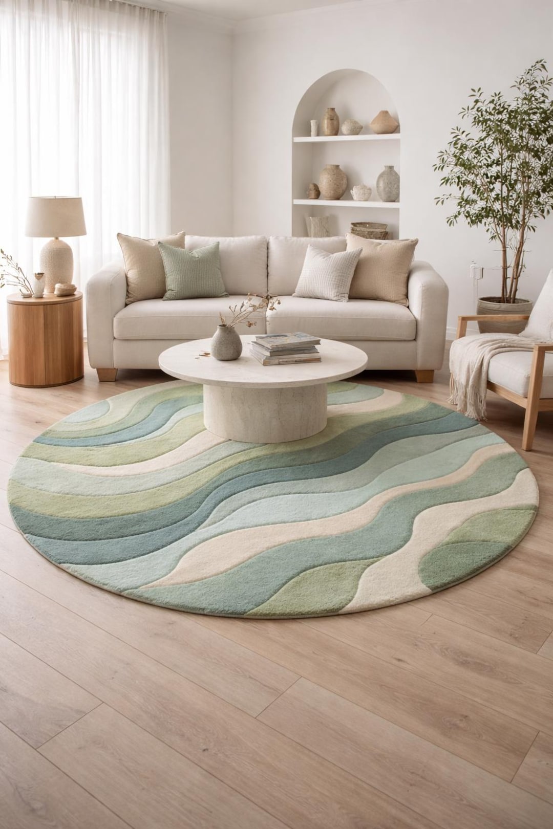 Hand Tufted Wool Rug, Round Green Wave Design, Modern Abstract Carpet ...