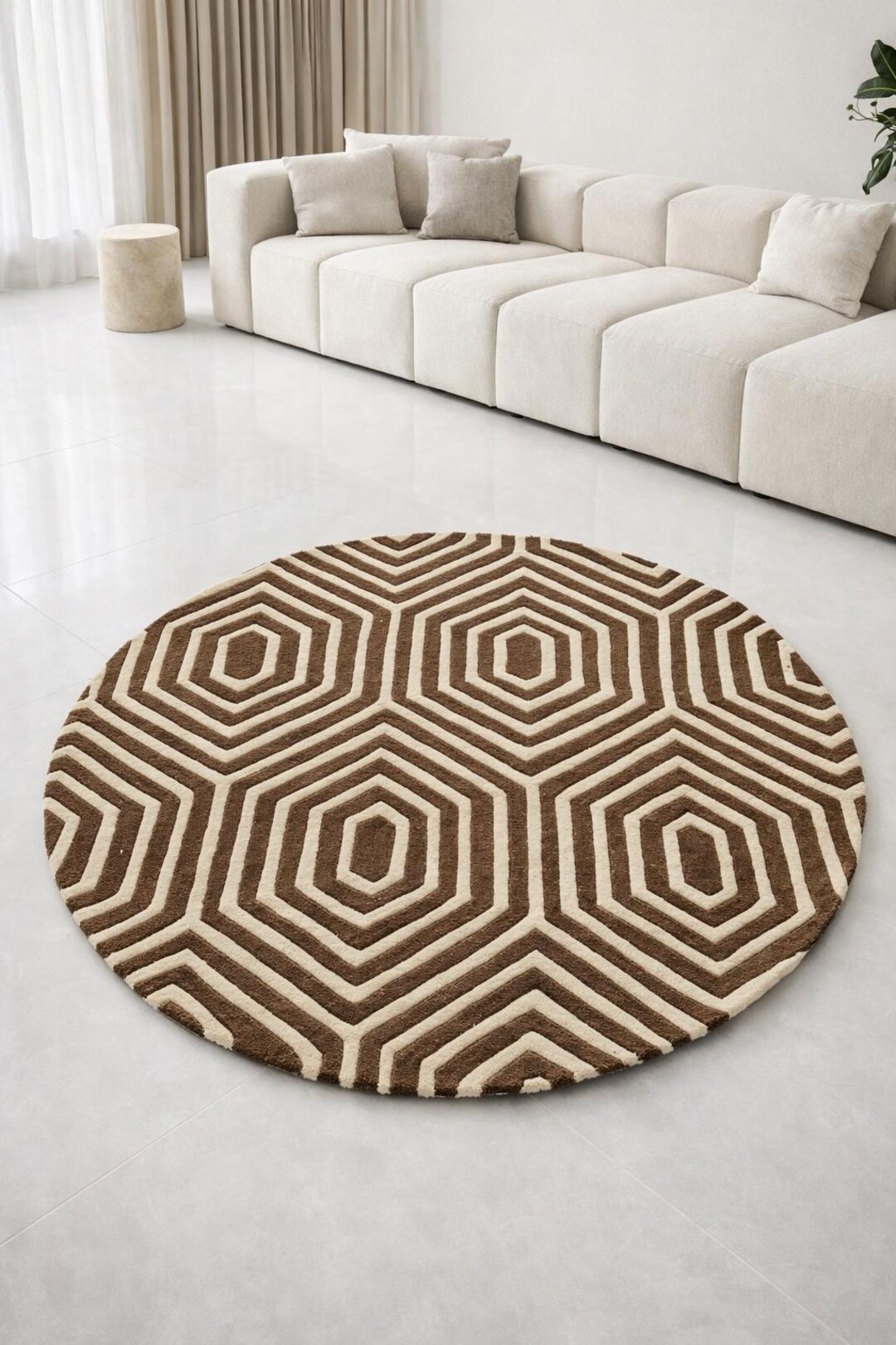 Hand Tufted Wool Round Rug Geometric Tiles Pattern Brown & Cream ...