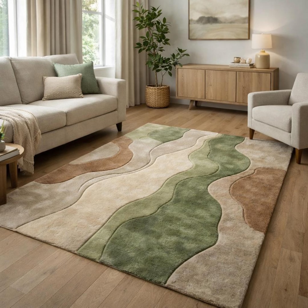 Tiled Wool Rug Hand-tufted Wool Abstract Tiles Rug, Modern Green Beige Brown Area ...