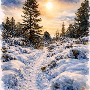 Puede incluir: Pintura a la acuarela de un sendero nevado que serpentea por un bosque invernal. El sol brilla intensamente en un cielo dorado, iluminando árboles y arbustos cubiertos de nieve. La obra evoca una sensación de paz y tranquilidad.