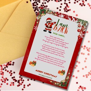 May include: A Christmas greeting card with a red border and a festive design. The card features a cartoon Santa Claus and the text "I am Back, Dear Isabel." The card is surrounded by red star-shaped confetti and a gold envelope.