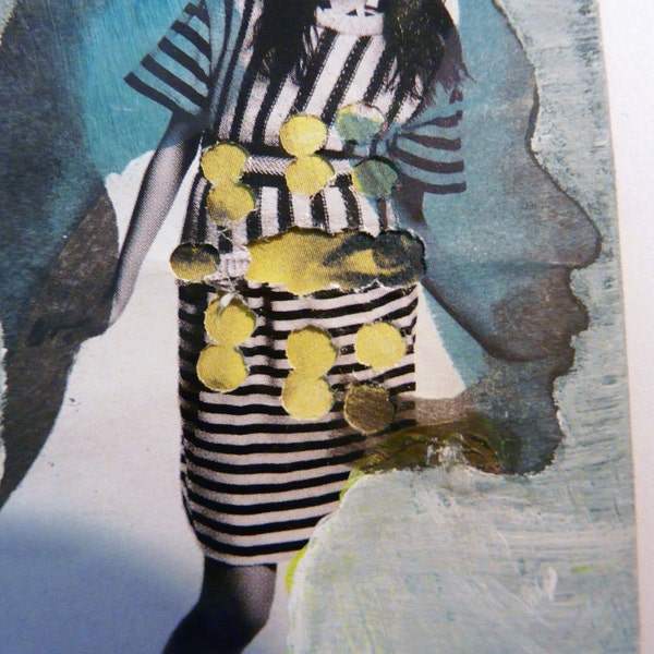 original aceo collage  /  head silhouette -- asian street art  -- blue yellow, urban fashion, artist trading card