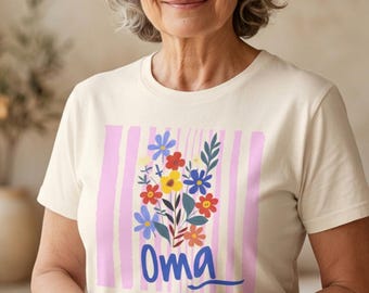 Oma T-Shirt for Women with Floral Print, Colorful Striped Design