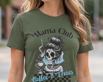 Mama Club Coffee & Chaos Shirt for Women, Funny Mom Graphic Tee with Skull Design