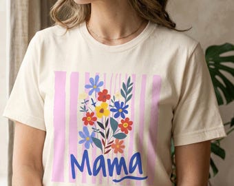 Colorful Mama Shirt for Women, Floral Graphic Tee with Striped Pattern