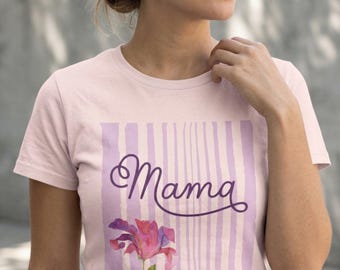 Mama T-Shirt for Women with Watercolor Print, Soft Stripes and Floral Design