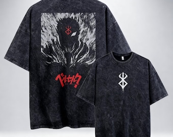 Vintage Washed Anime T-Shirt Double Sided Graphic Tee, Dark Fantasy Streetwear Shirt, Grunge Washed Tee, Unisex Oversized Shirt