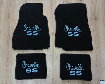 Chevy Chevelle SS Floor Mats Black & Light Blue Embroidery 4 Pcs (1968/1972)