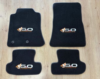 For Ford Mustang Twin Turbo 5.0 Floor Mats Carpet 2015-2024 4 Pcs BLACK- Orange Embroideried