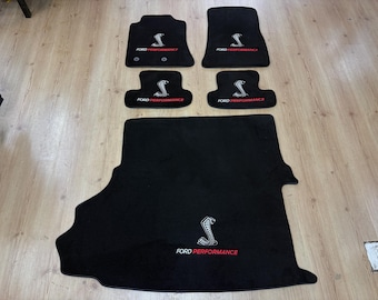 For Ford Mustang Floor and Trunk Mats Carpet Black Ford Performance Embroidery Set of 5 For Subwoofer (2015-23)