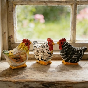 Könnte beinhalten: Drei Holzfiguren von Hühnern in Gelb, Schwarz und Weiß. Jedes hat einen roten Kamm und Kehllappen und steht auf einem Holzsockel. Die Hühner werden auf einer rustikalen Holzfensterbank mit verschwommenem Hintergrund im Freien ausgestellt.