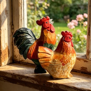 Könnte beinhalten: Zwei handgeschnitzte Holz-Hahnfiguren. Die Hähne haben rote Kämme, orange-braune Körper und grüne und schwarze Schwanzfedern. Sie werden auf einer Holzfensterbank mit verschwommenem Hintergrund im Freien ausgestellt.