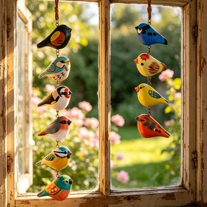 May include: A collection of colorful, wooden bird ornaments hanging in front of a window. Each bird is painted with intricate details and connected by small metal chains. The birds feature various colors, including blue, yellow, orange, and red.