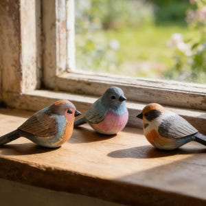 May include: Three decorative wooden bird ornaments, painted in muted tones of brown, blue, and orange, are displayed on a wooden windowsill. The birds have detailed features and are positioned in front of a blurred outdoor background.