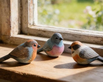 Figura de pájaro de madera hecha a mano / Pájaro en miniatura tallado a mano / Decoración del hogar y estanterías de estilo cottagecore / Día de la Madre / Día del Maestro