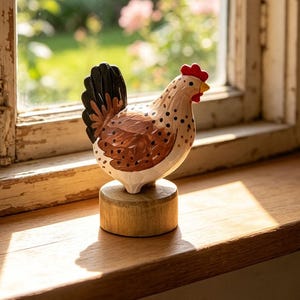 Könnte beinhalten: Handbemalte Holz-Hühnerfigur mit rotem Kamm, schwarzen und braunen Schwanzfedern und einem gesprenkelten Körper. Die Figur steht auf einem kleinen Holzsockel und sitzt auf einer Holzfensterbank. Im Hintergrund ist ein Garten durch ein Fenster zu sehen.