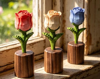 Hand Carved Wooden Rose Sculpture | Hand-Painted Forever Flower Decor