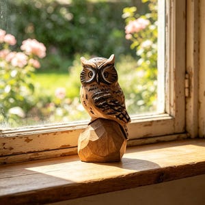 Puede incluir: Una figura de búho de madera tallada, con detalles de plumas y una base geométrica. El búho es marrón y blanco, colocado en un alféizar de madera. La ventana muestra una escena de jardín con flores y vegetación.