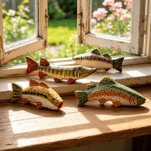 Hand Carved Wooden Fish Figurine, Rustic Folk Art Sculpture, Lake House Decor, Fishing Gift
