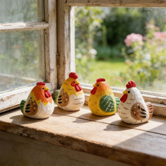 Wooden Chicken Figurines, Hand Carved Hen Decor, Farmhouse Kitchen Decoration, Chicken Lover Gift, Rustic Farm Animal Decor
